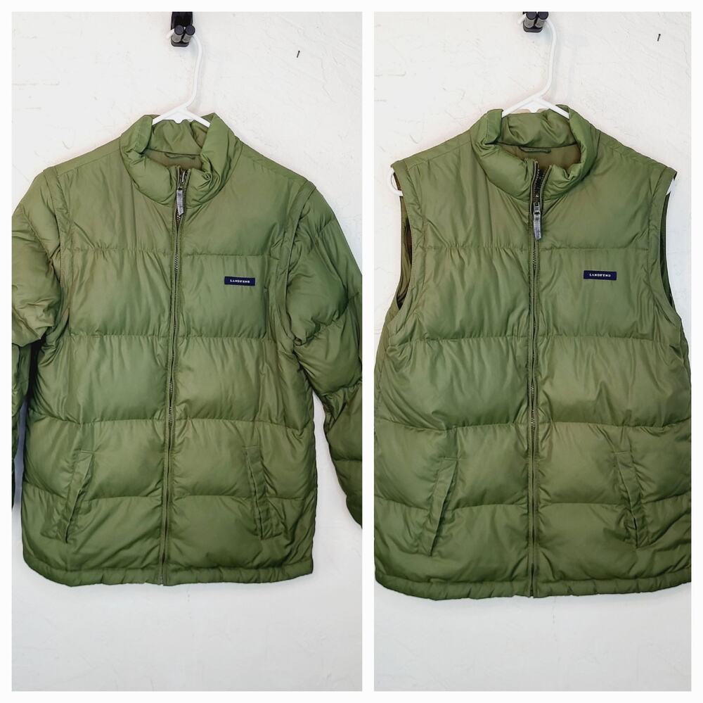 Lands' End Green Goose Down Puffer Coat with Removable Sleeves Size Large